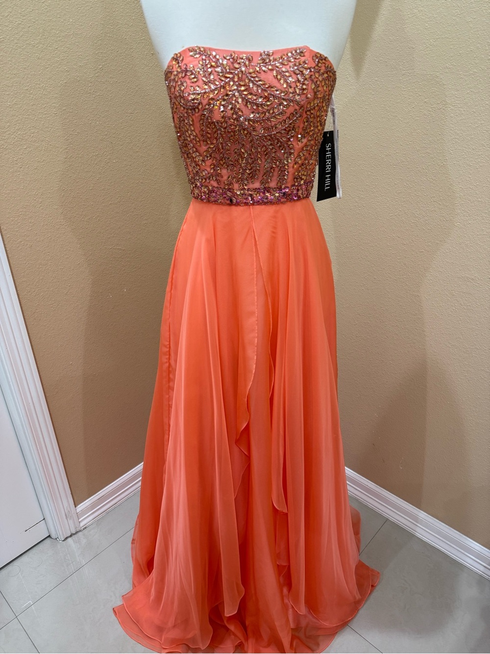 Sherri Hill Coral Strapless Beaded Chiffon Gown